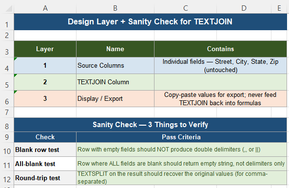 Three layer design for TEXTJOIN showing source columns combined output and export layer